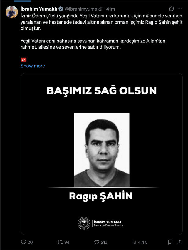 Bakan Yumaklı açıkladı: Orman işçisi Ragıp Şahin şehit oldu! Orman yangınlarında son durum.. - Resim: 0